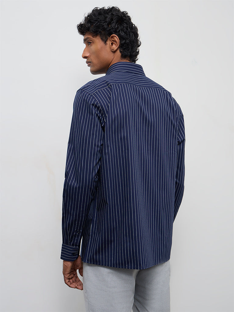 WES Formals Navy Striped Slim-Fit Cotton Shirt