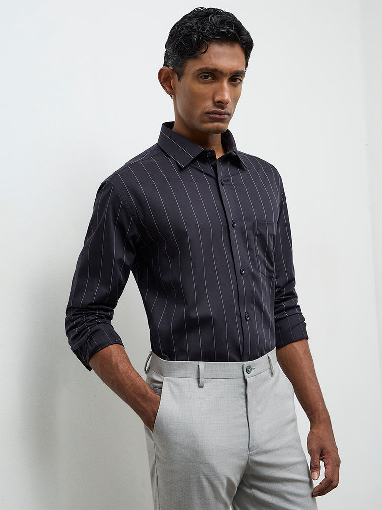 WES Formals Black Striped Slim-Fit Cotton Shirt