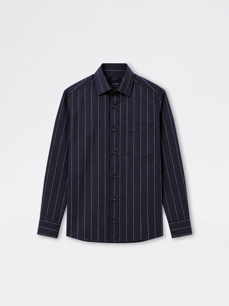 WES Formals Black Striped Slim-Fit Cotton Shirt
