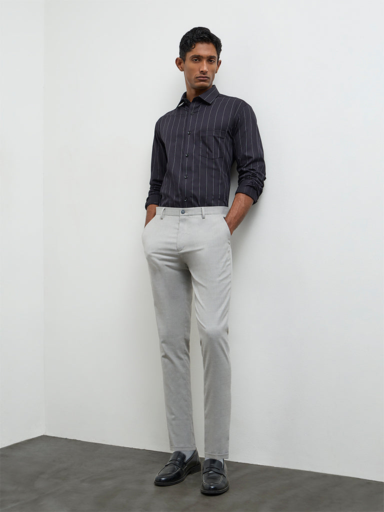 WES Formals Black Striped Slim-Fit Cotton Shirt