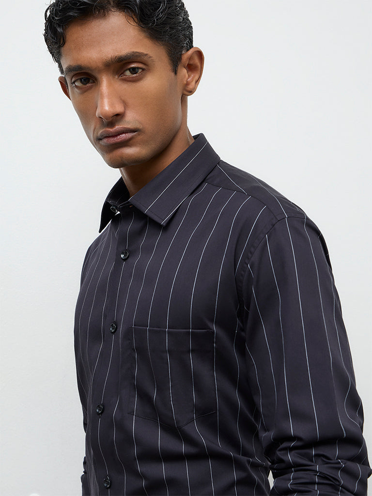 WES Formals Black Striped Slim-Fit Cotton Shirt