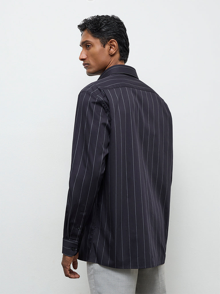 WES Formals Black Striped Slim-Fit Cotton Shirt