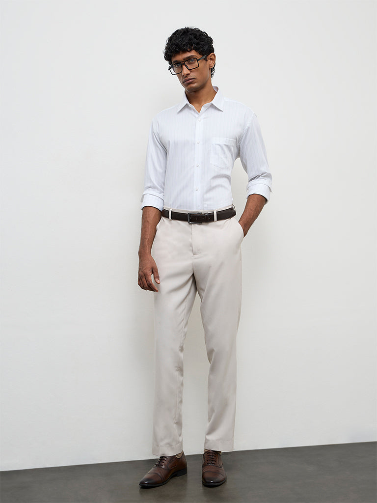 WES Formals Green Striped Relaxed-Fit Cotton Shirt
