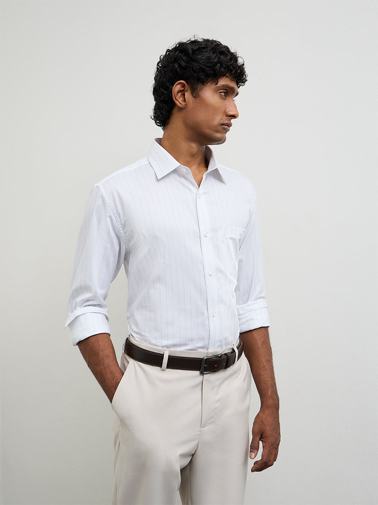 WES Formals Green Striped Relaxed-Fit Cotton Shirt