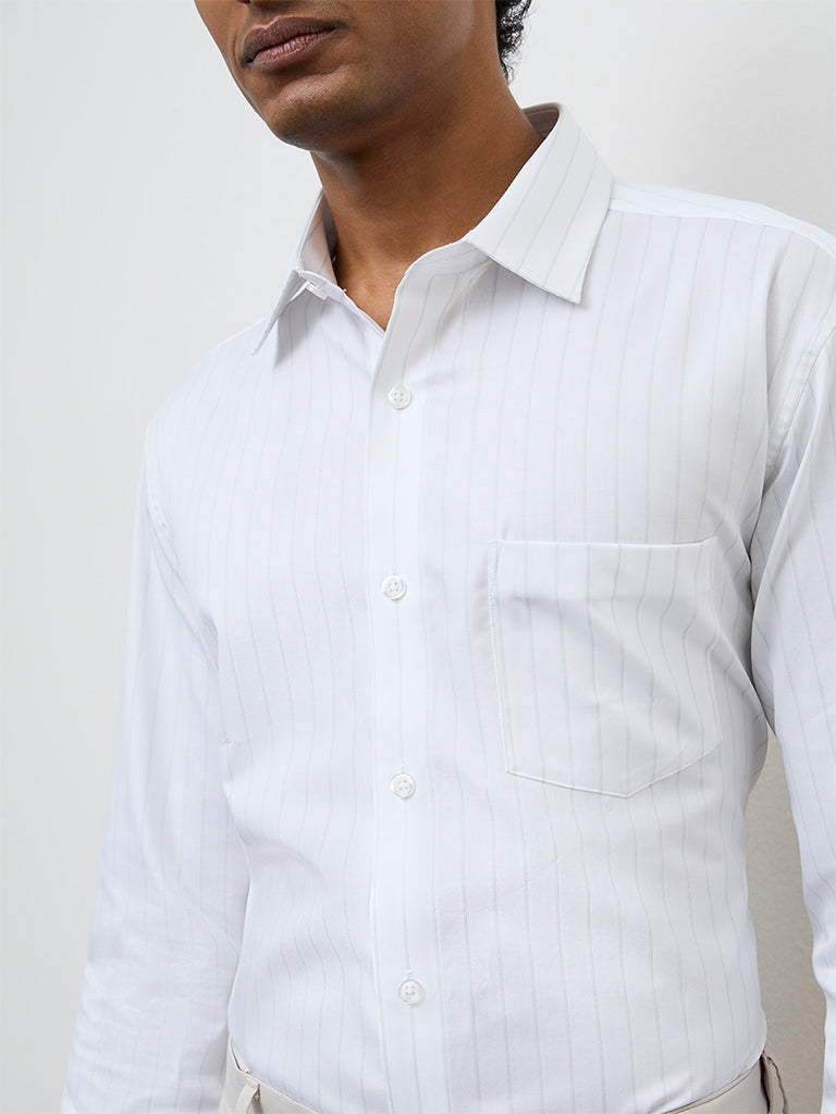 WES Formals Green Striped Relaxed-Fit Cotton Shirt