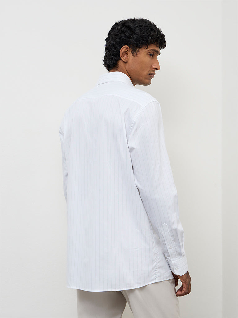 WES Formals Green Striped Relaxed-Fit Cotton Shirt