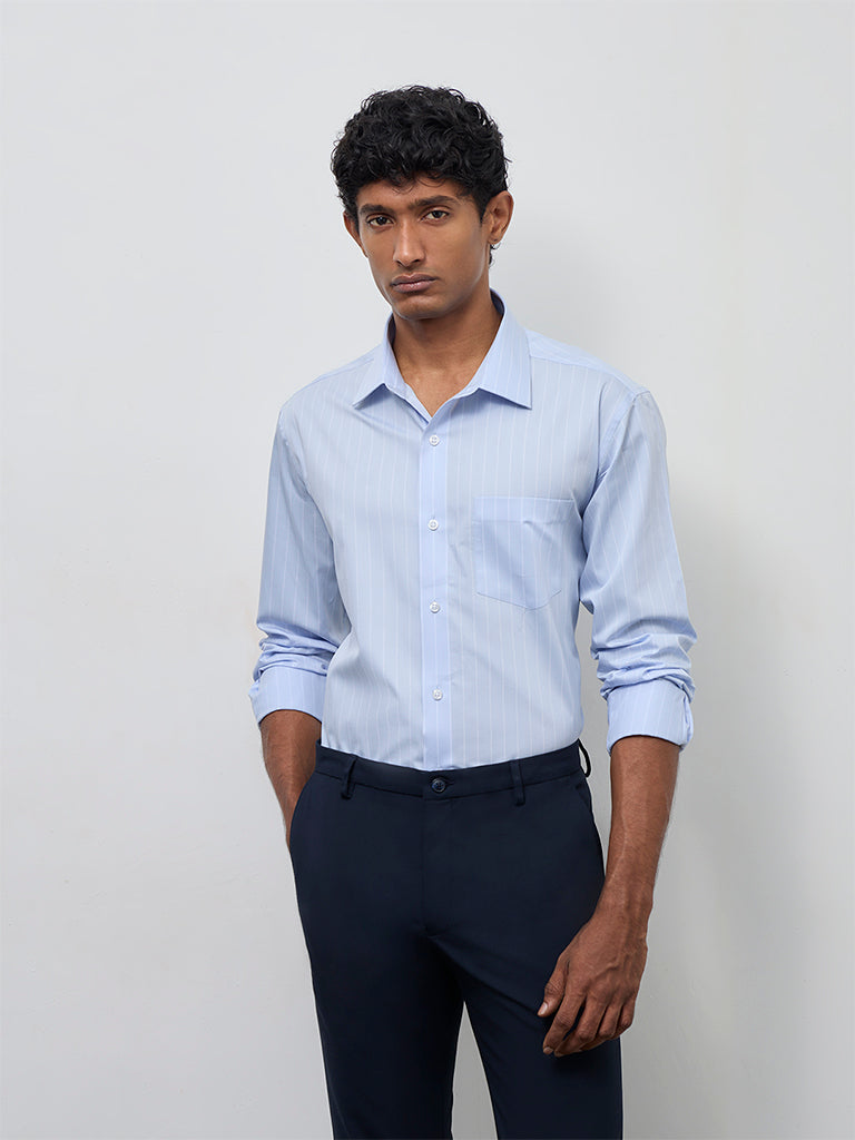 WES Formals Light Blue Striped Relaxed-Fit Cotton Shirt