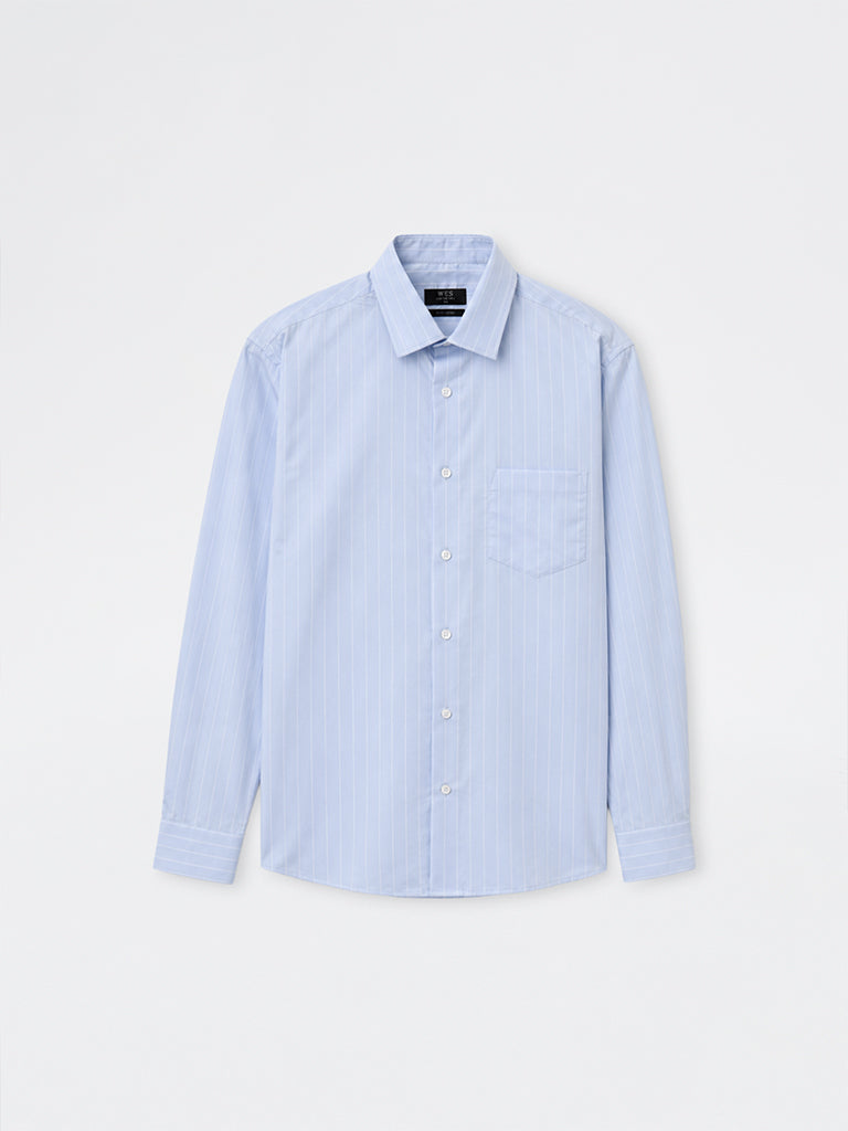 WES Formals Light Blue Striped Relaxed-Fit Cotton Shirt