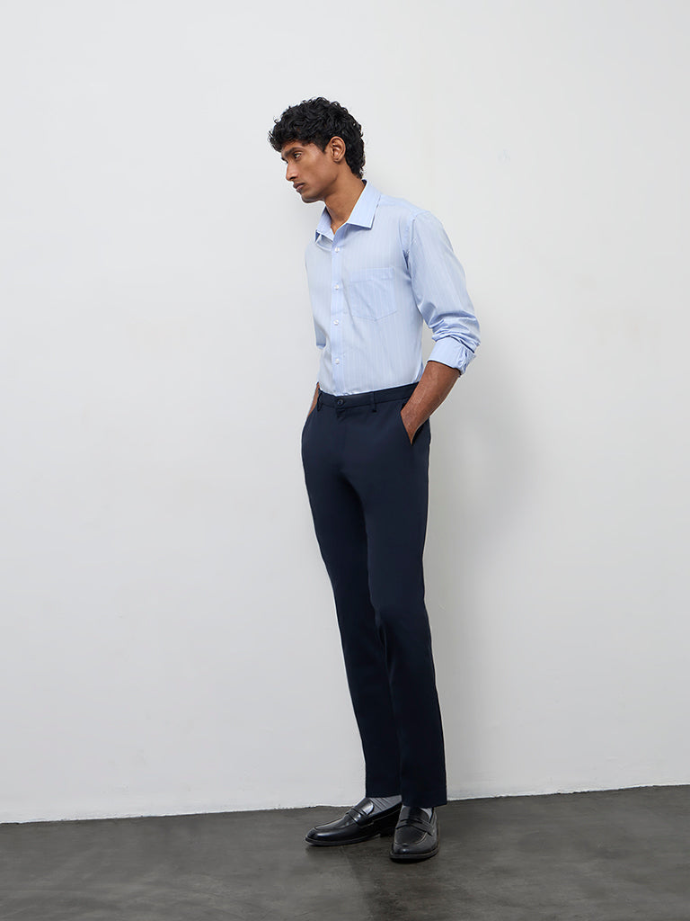 WES Formals Light Blue Striped Relaxed-Fit Cotton Shirt