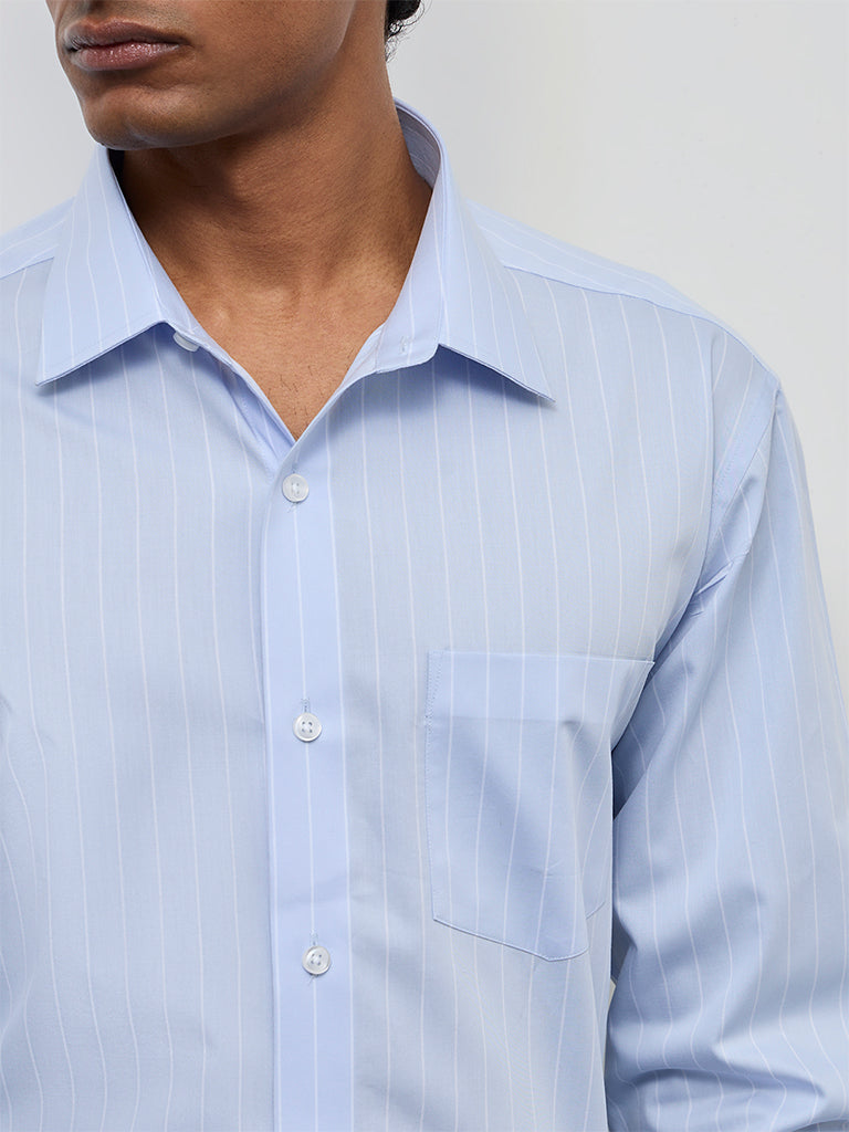 WES Formals Light Blue Striped Relaxed-Fit Cotton Shirt