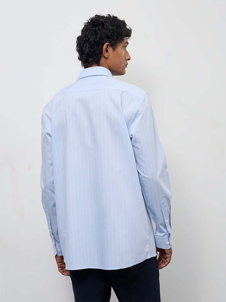 WES Formals Light Blue Striped Relaxed-Fit Cotton Shirt