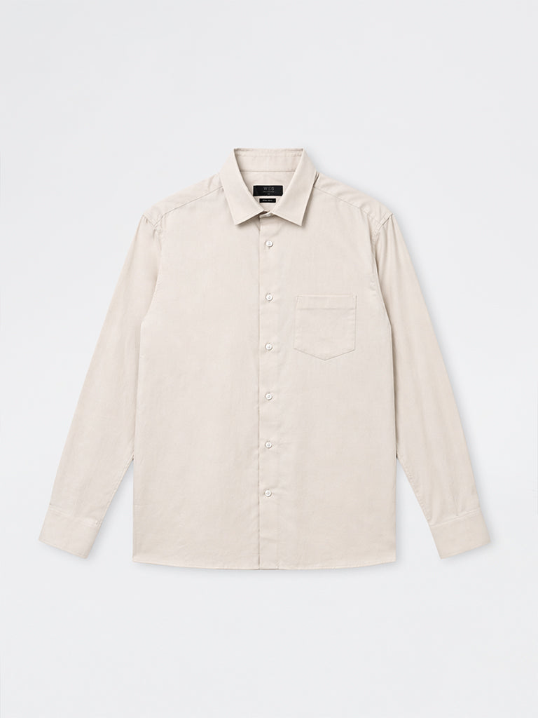 WES Formals Beige Relaxed-Fit Cotton Shirt