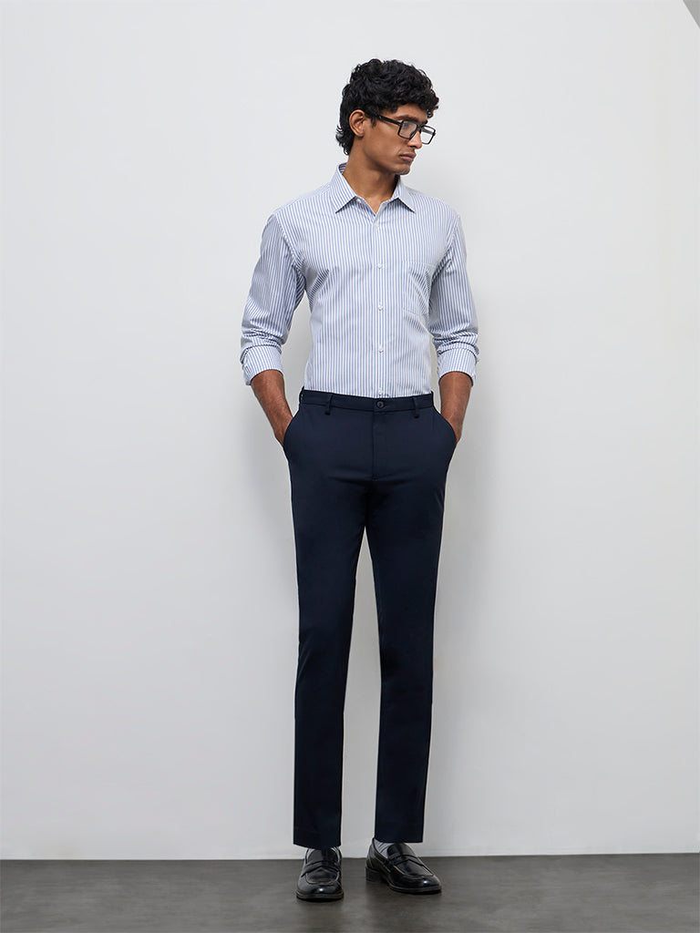 WES Formals Blue Striped Relaxed-Fit Cotton Shirt