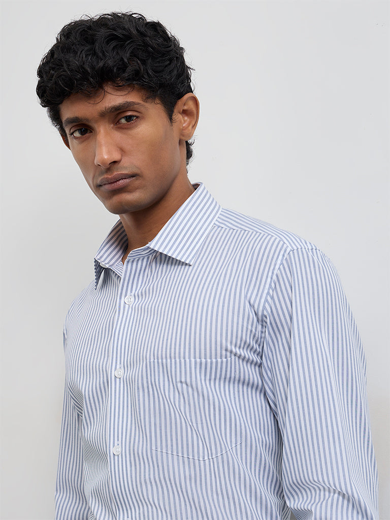 WES Formals Blue Striped Relaxed-Fit Cotton Shirt
