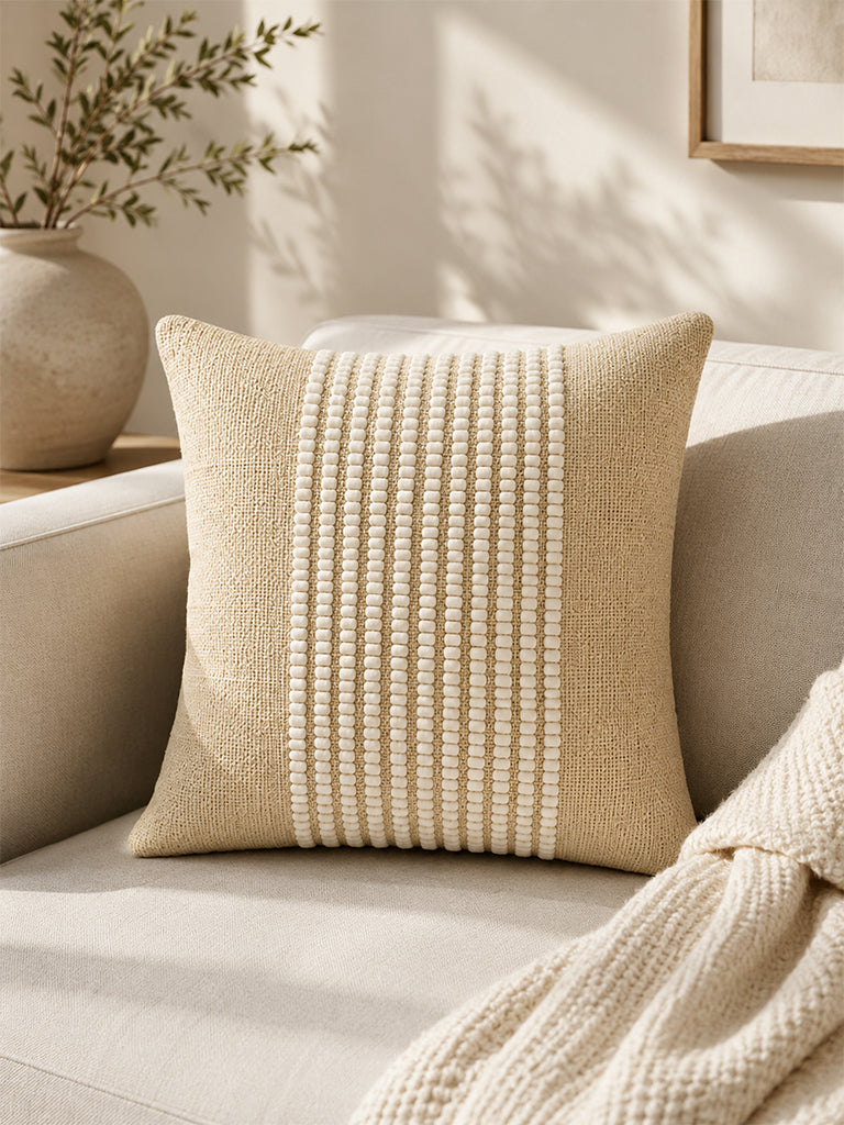 Westside Home Beige Stripe Embroidered Cushion Cover