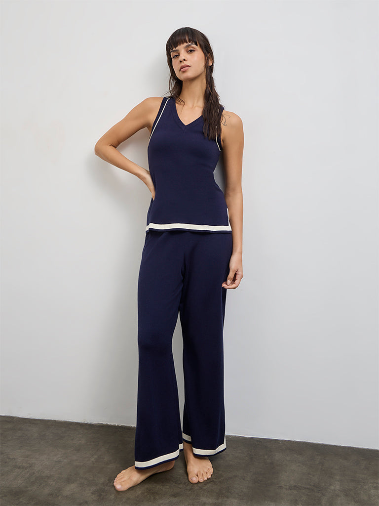 Wunderlove Navy Contrast Detailed V-Neck Top