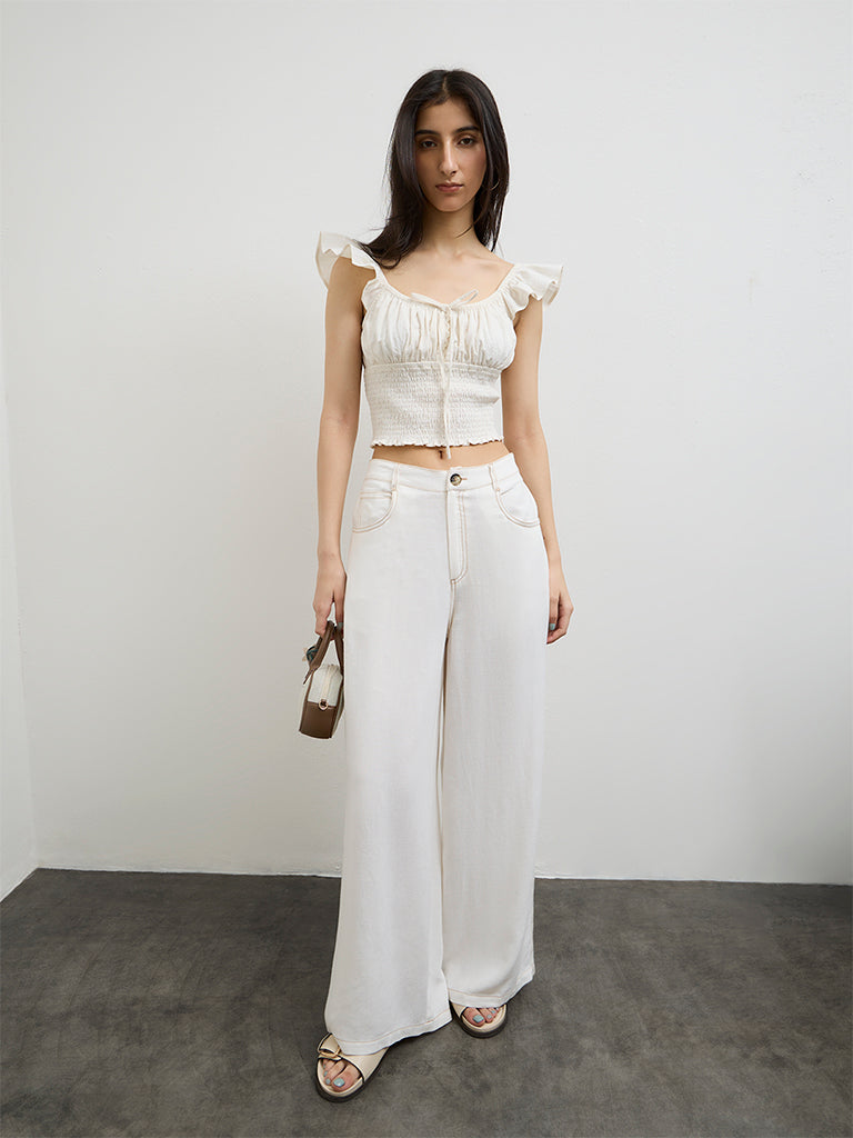 Nuon Off-White Flared High-Rise Cotton Trousers