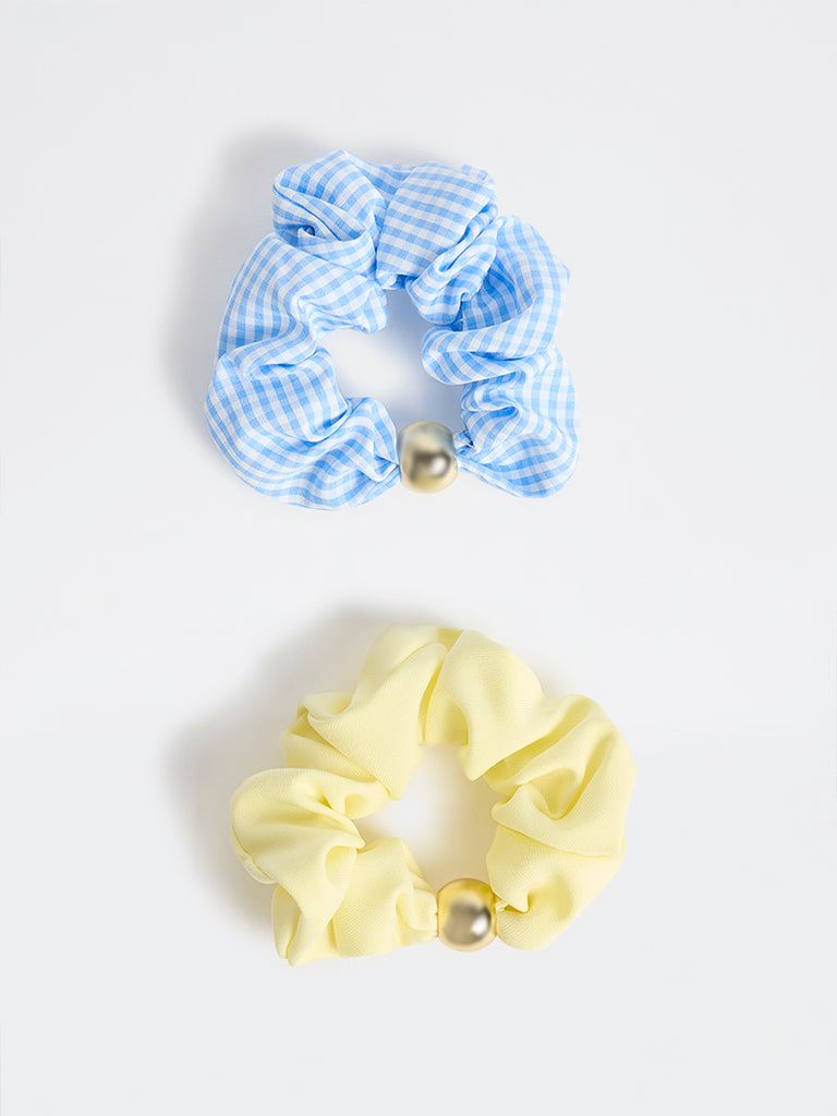 Westside Accessories Yellow and Blue Checkered Scrunchies - Pack of 2
