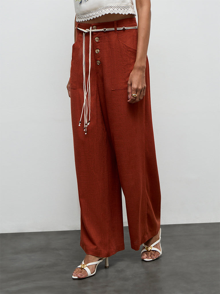 LOV Rust High-Rise Linen Trousers with Belt