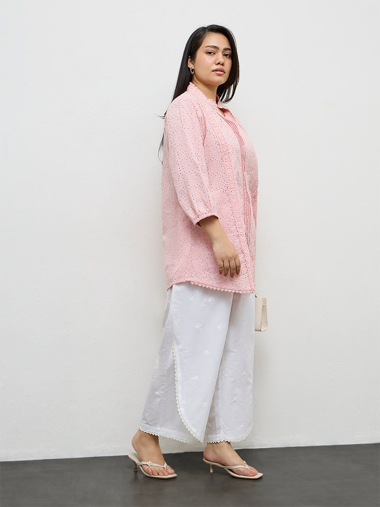Diza White Floral Embroidered Cotton Pants