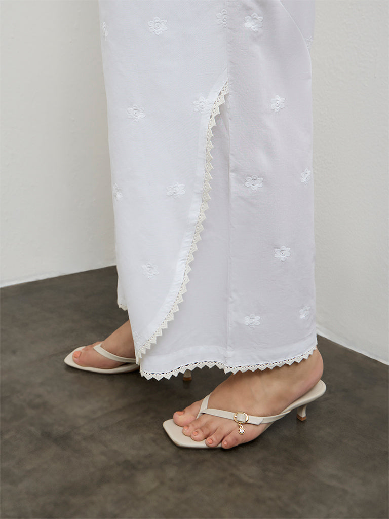 Diza White Floral Embroidered Cotton Pants