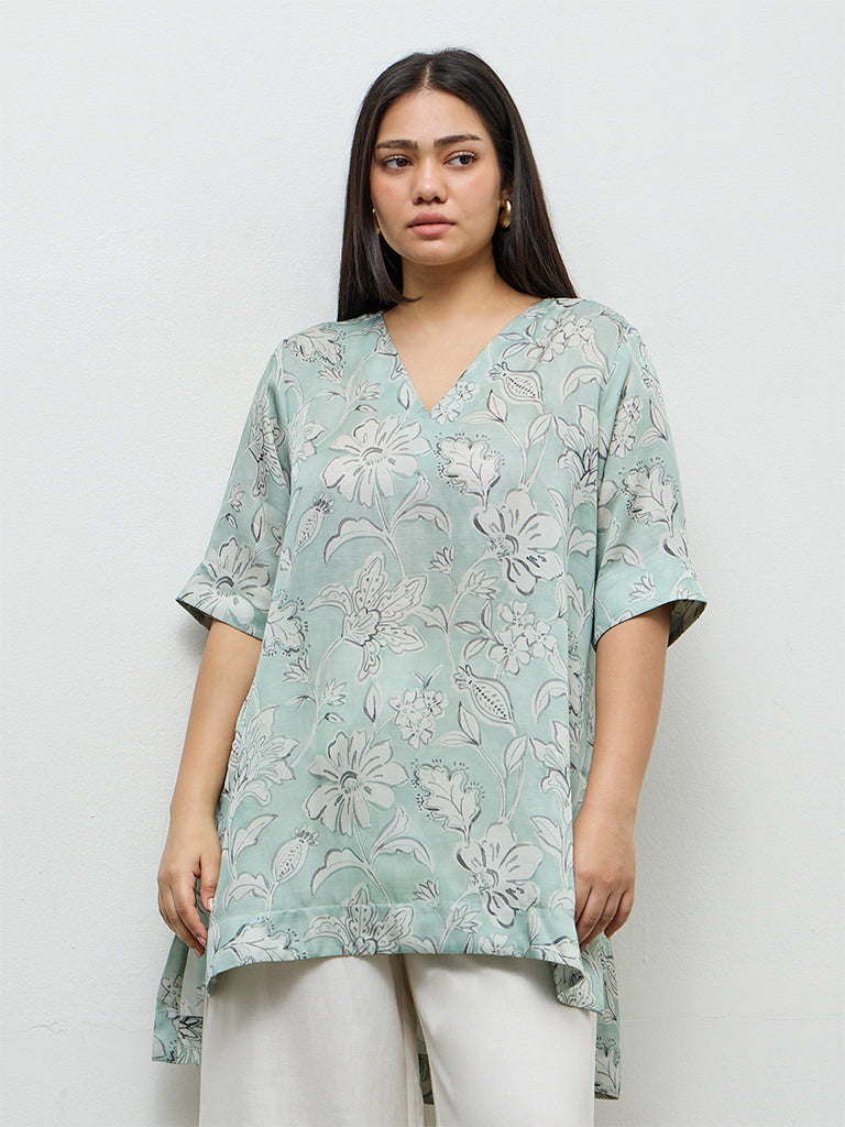 Diza Mint Floral Printed High-Low Tunic