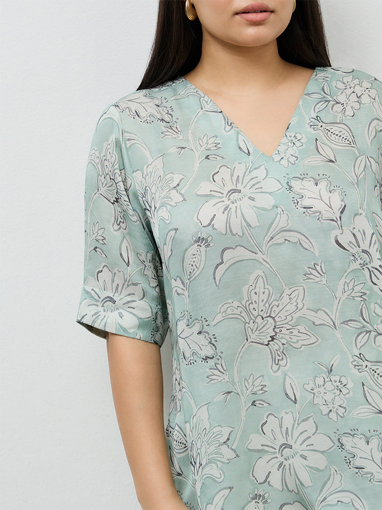 Diza Mint Floral Printed High-Low Tunic