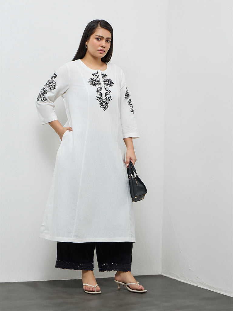 Diza White Embroidered Cotton A-Line Kurta