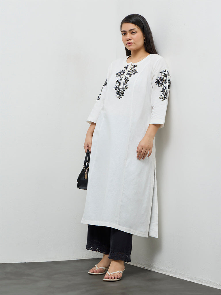 Diza White Embroidered Cotton A-Line Kurta