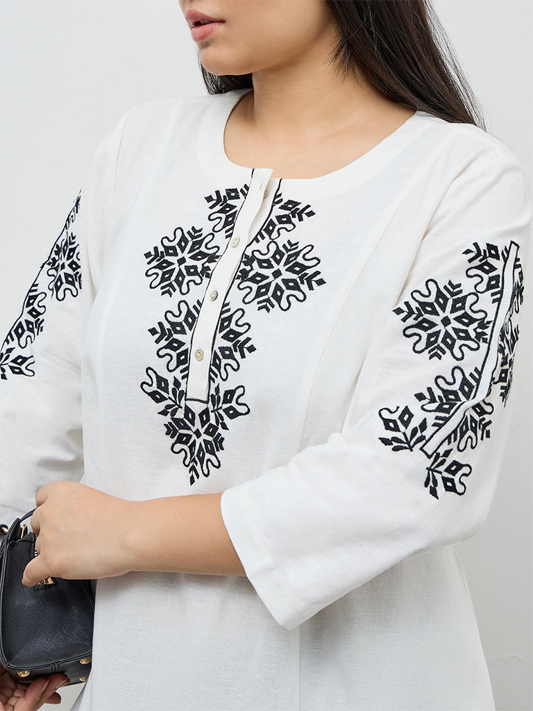 Diza White Embroidered Cotton A-Line Kurta
