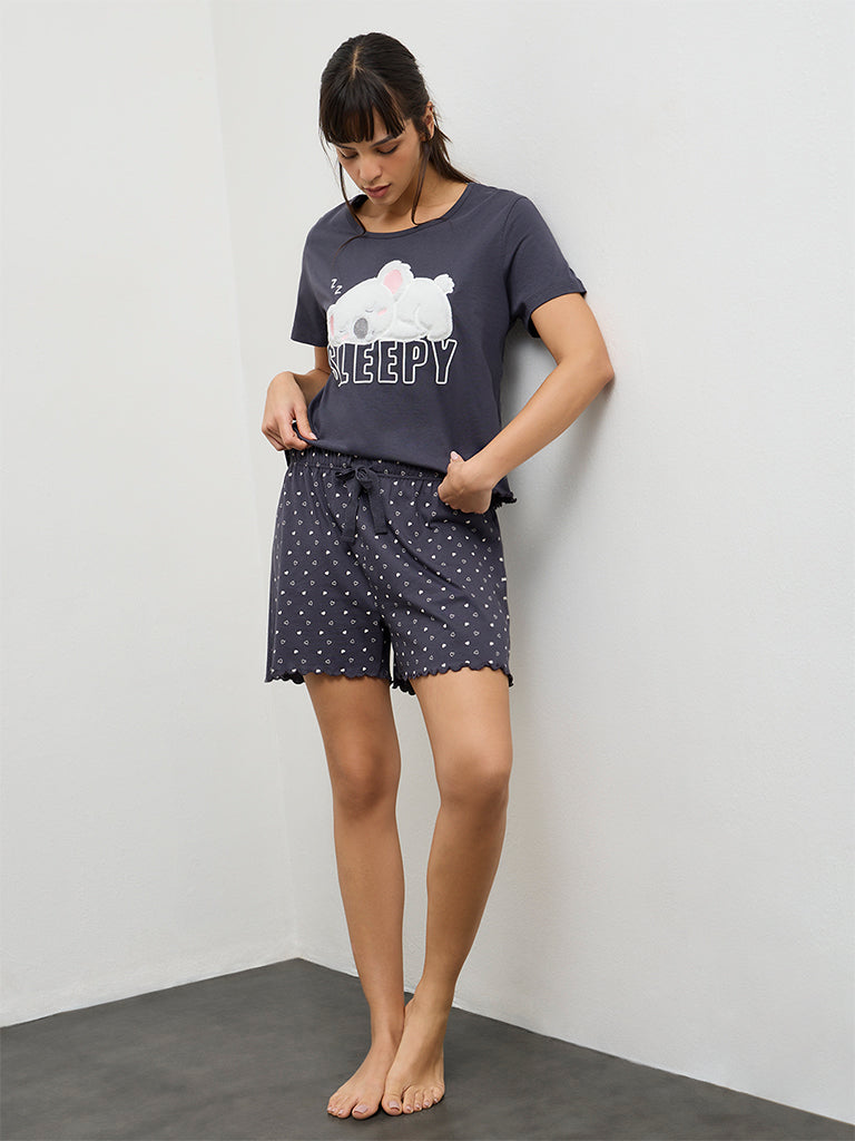 Wunderlove Charcoal Animal Design Cotton T-Shirt