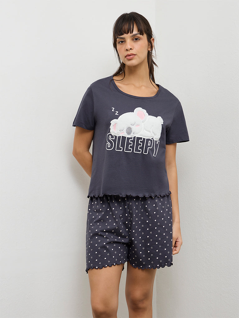 Wunderlove Charcoal Animal Design Cotton T-Shirt