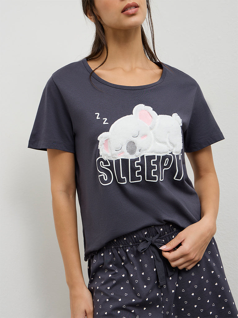 Wunderlove Charcoal Animal Design Cotton T-Shirt