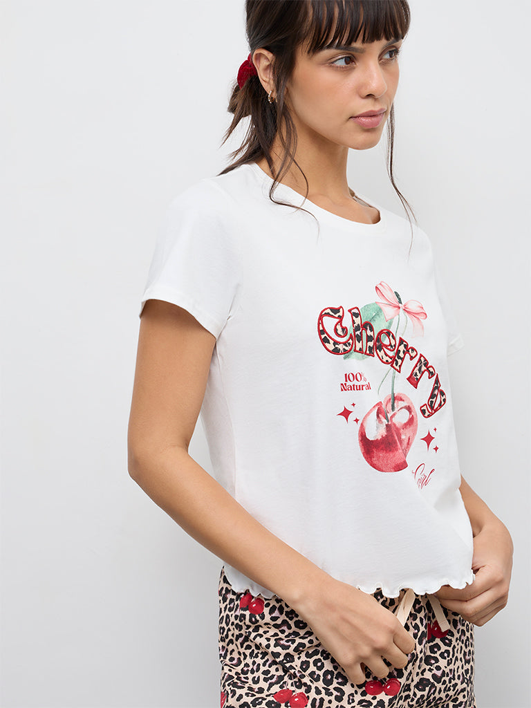 Wunderlove Off-White Printed Cotton T-Shirt and Shorts Set