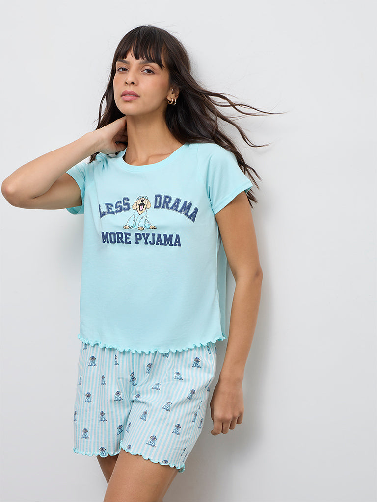 Wunderlove Aqua Graphic Printed Cotton T-Shirt and Shorts Set
