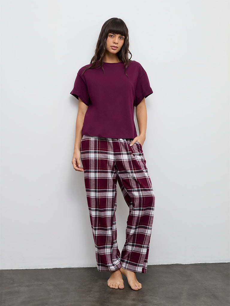 Wunderlove Burgundy Checkered High-Rise Cotton Pants