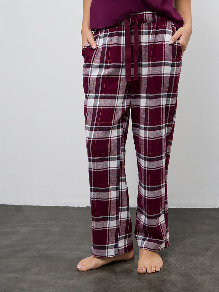 Wunderlove Burgundy Checkered High-Rise Cotton Pants