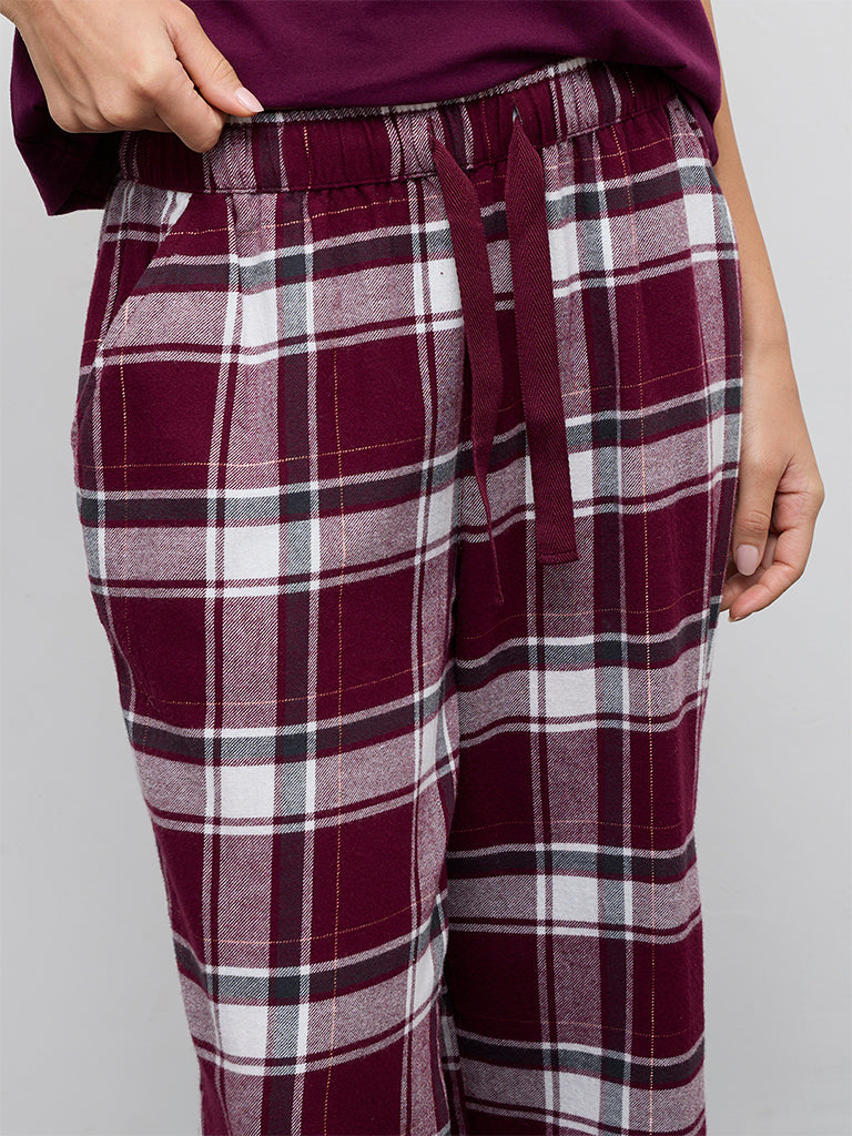 Wunderlove Burgundy Checkered High-Rise Cotton Pants