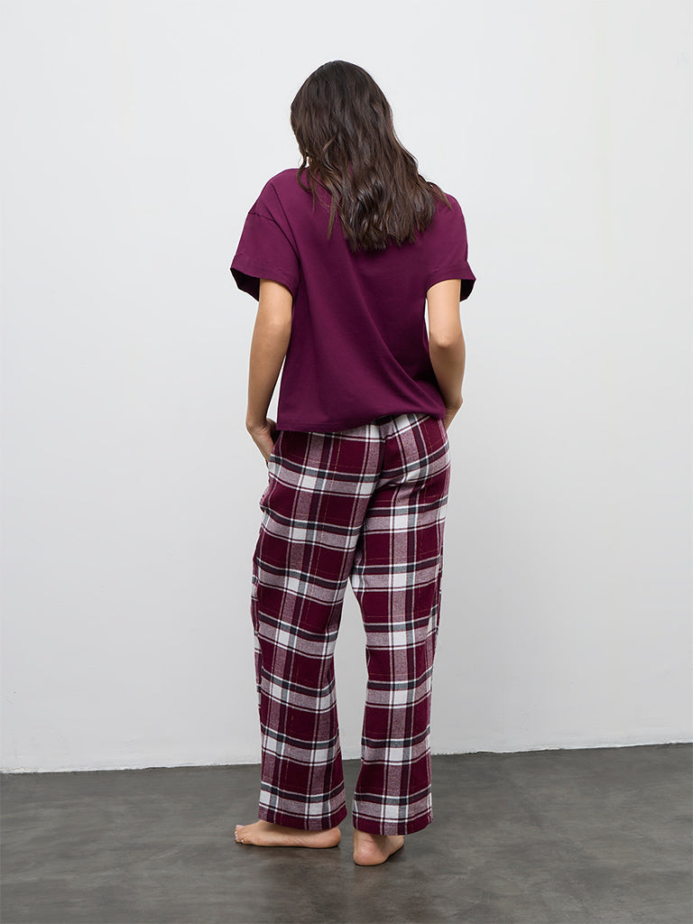 Wunderlove Burgundy Checkered High-Rise Cotton Pants