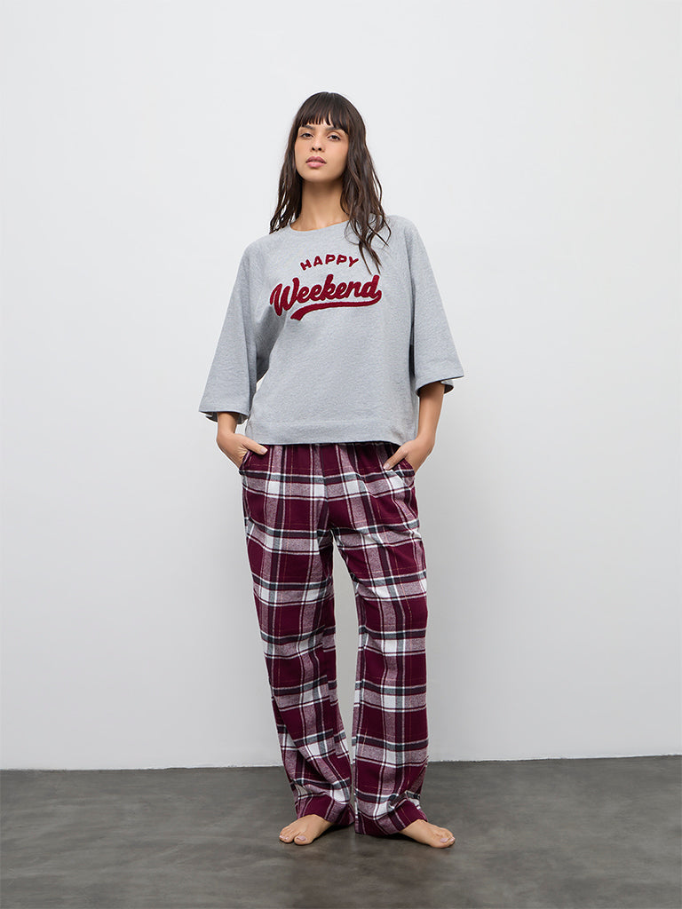 Wunderlove Grey Text Embroidered Cotton-Blend T-Shirt