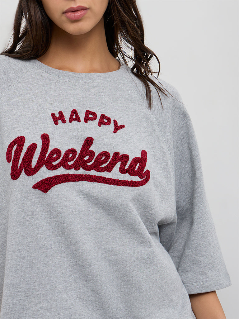 Wunderlove Grey Text Embroidered Cotton-Blend T-Shirt