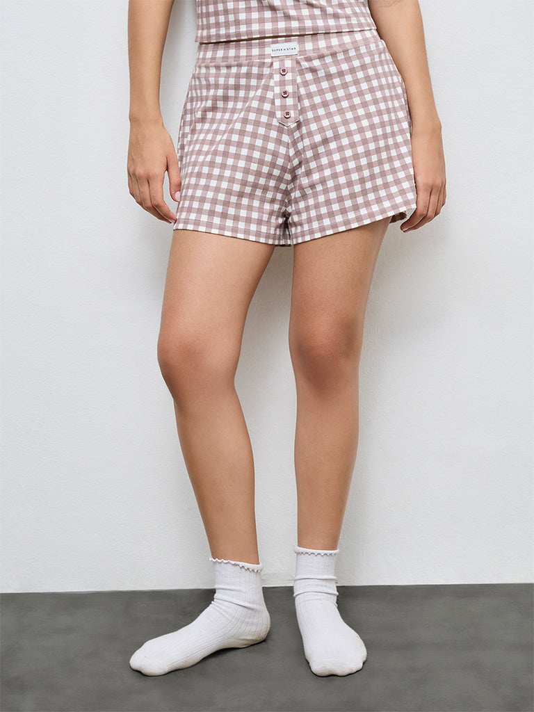 Superstar Brown Checkered High-Rise Cotton-Blend Shorts