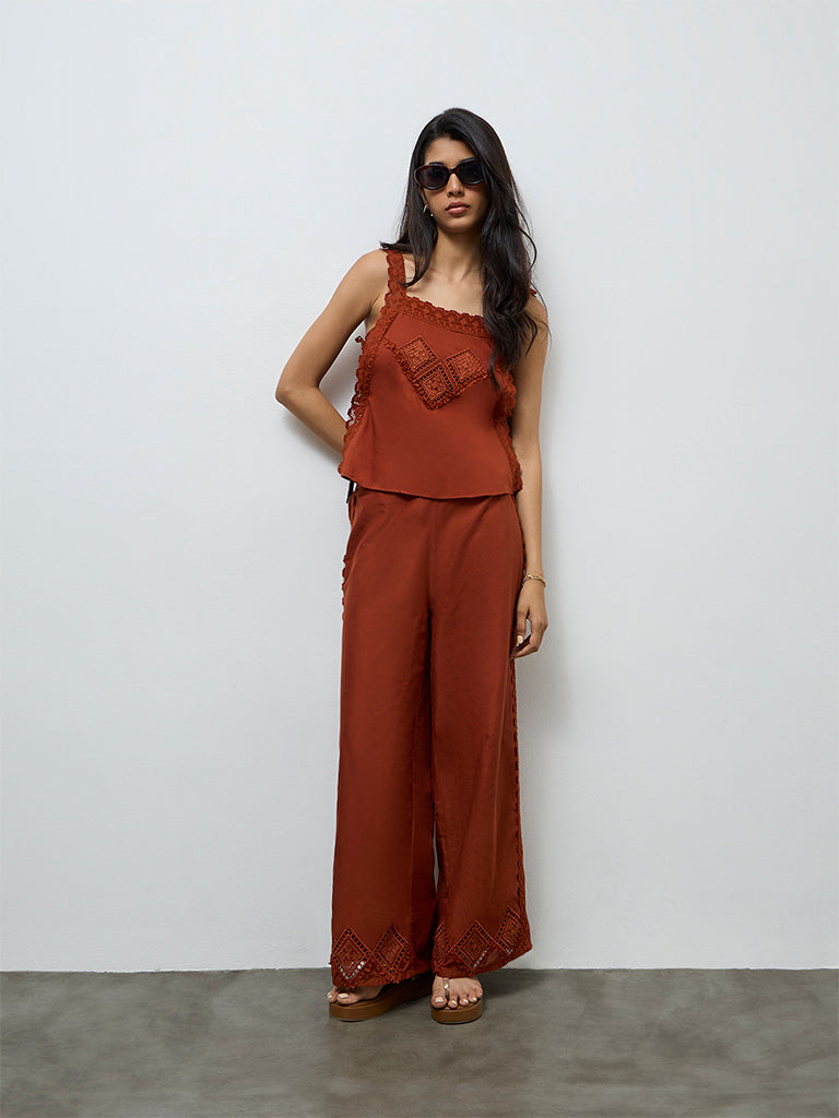 LOV Rust Embroidered Cotton Top