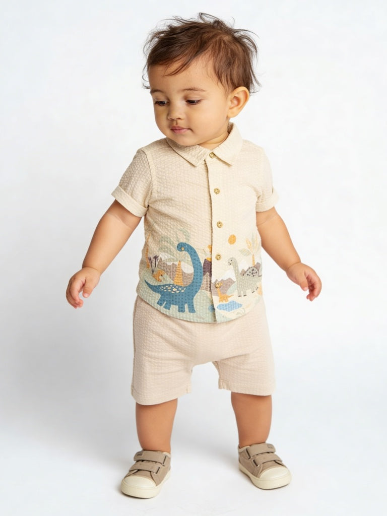 HOP Baby Boys Beige Printed Cotton Shirt and Shorts Set