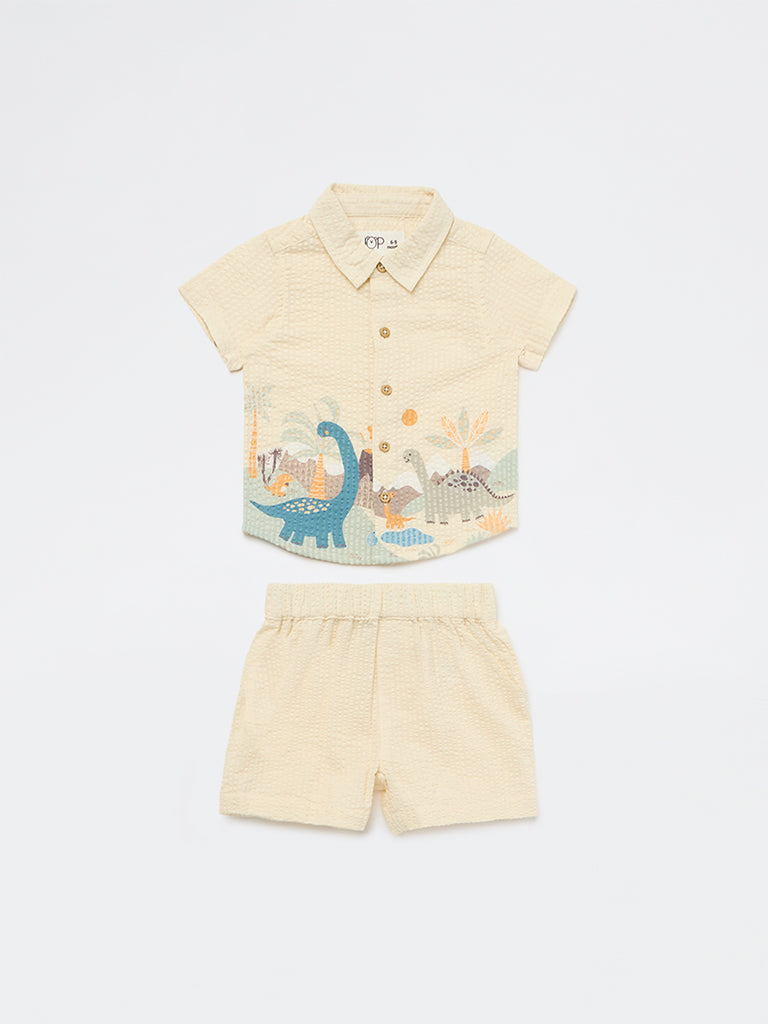 HOP Baby Boys Beige Printed Cotton Shirt and Shorts Set