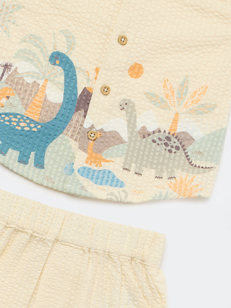 HOP Baby Boys Beige Printed Cotton Shirt and Shorts Set