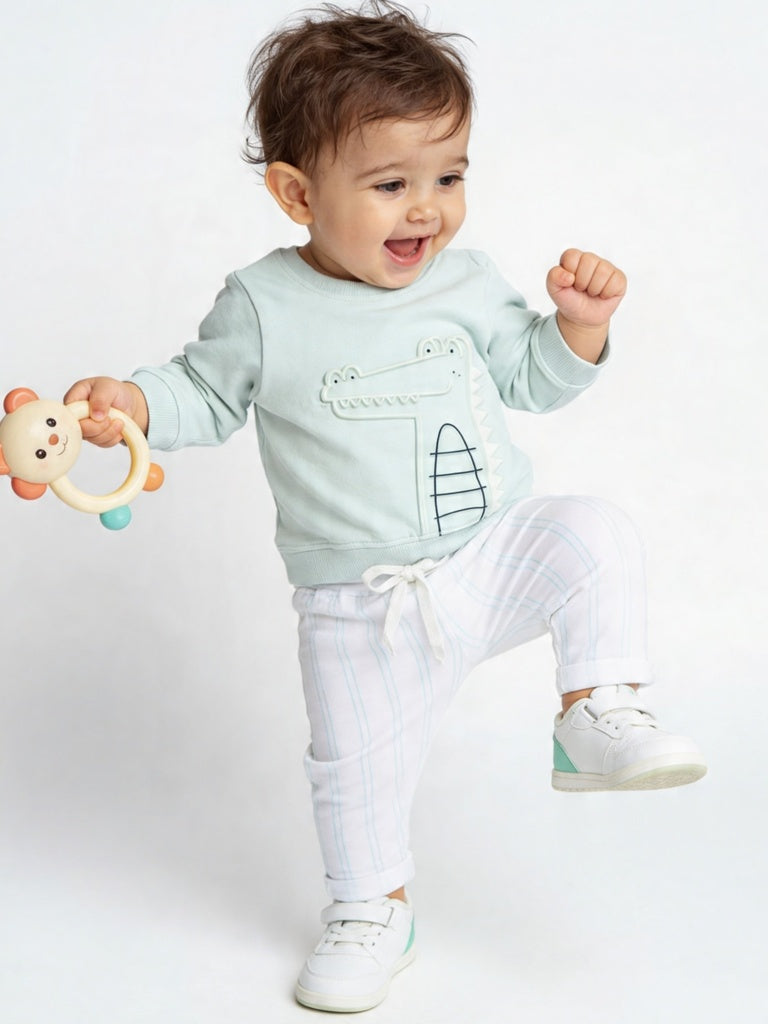 HOP Baby Boys Sage Printed Cotton Sweatshirt and Pants Set
