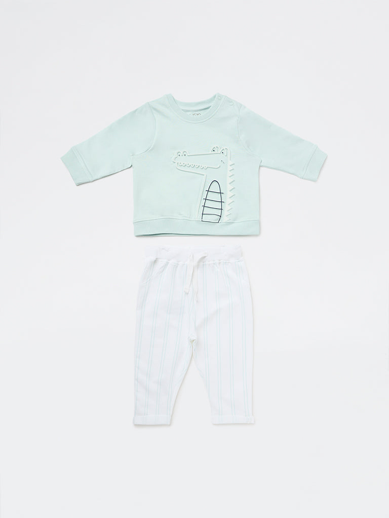 HOP Baby Boys Sage Printed Cotton Sweatshirt and Pants Set