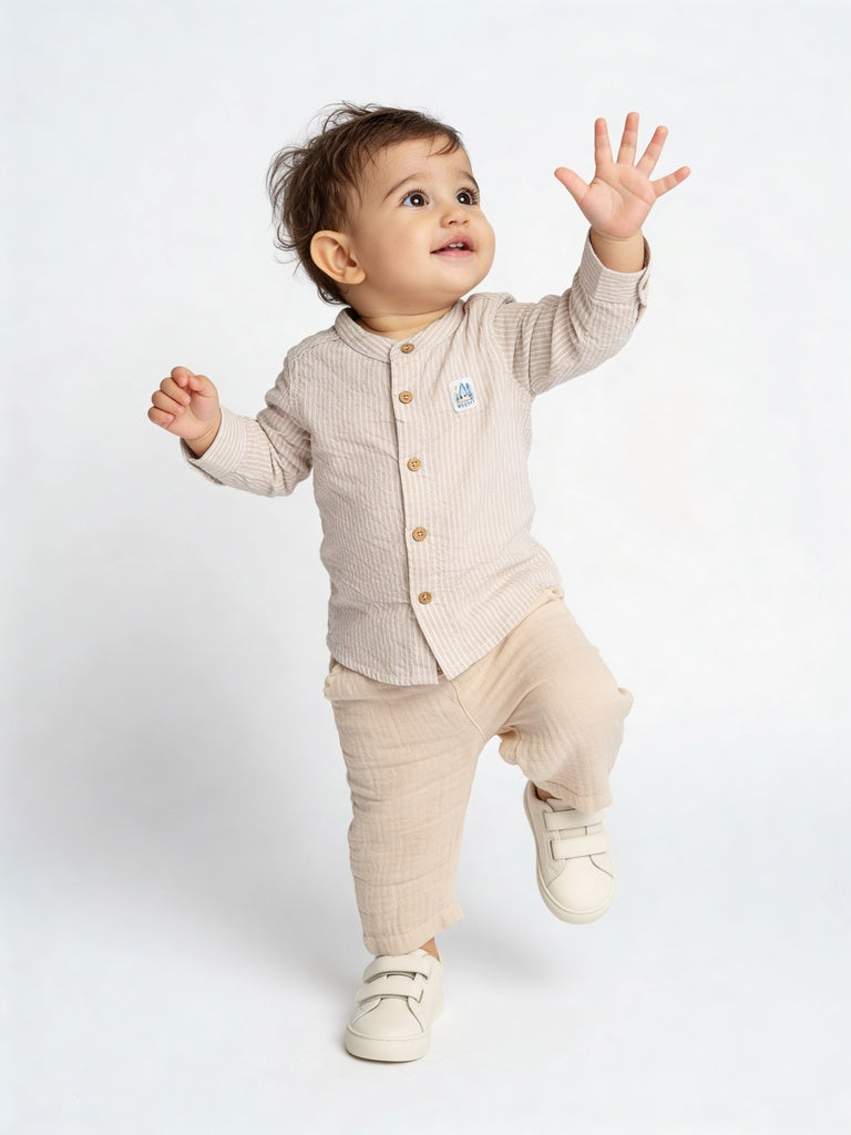 HOP Baby Boys Beige Striped Cotton Shirt and Pants Set