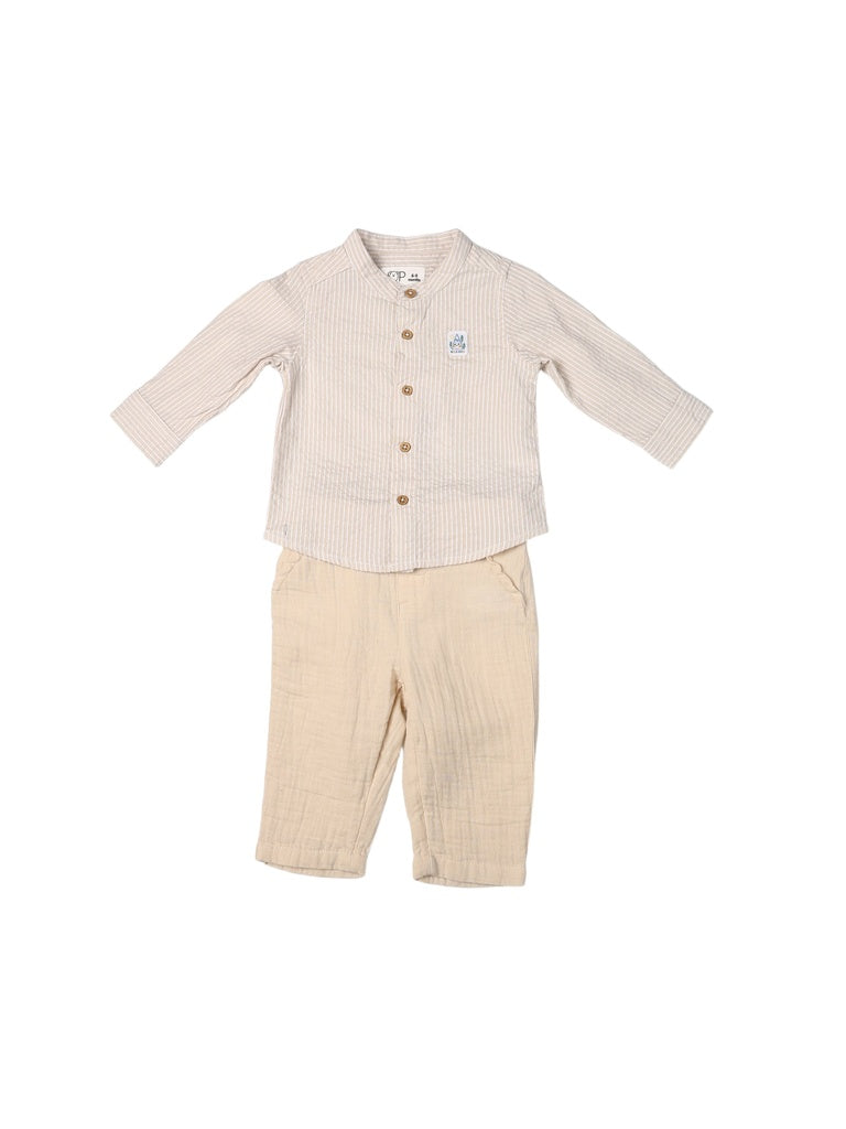 HOP Baby Boys Beige Striped Cotton Shirt and Pants Set
